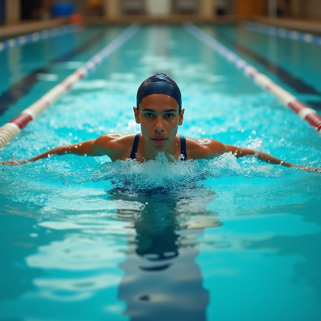Person performing a gentle easy swim in an indoor pool representing active recovery exercise at low intensity